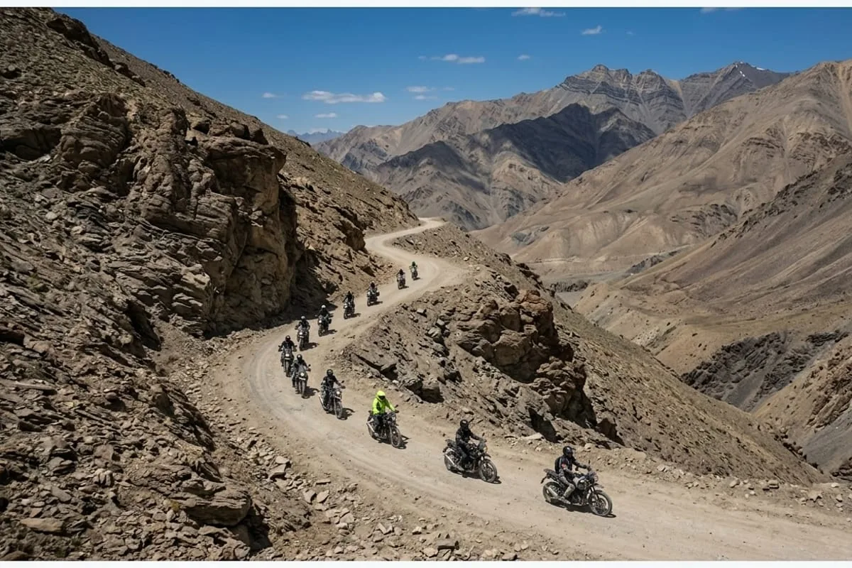 Bike convoy on a winding Ladakh mountain road, multi-day circuits require you to be self-sufficient with puncture kits, tools, and spare fuel