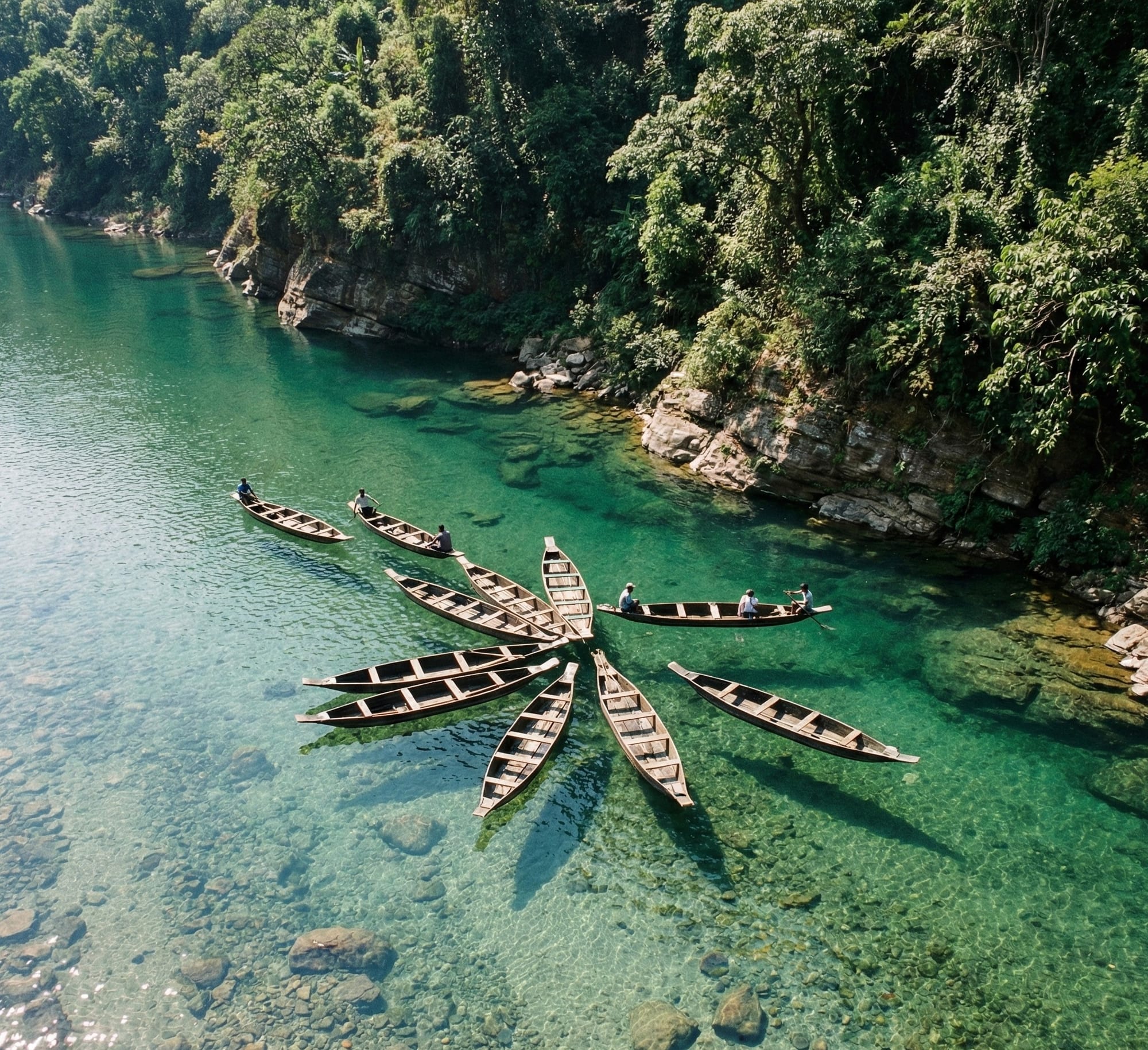 A wooden boat appearing to float on the crystal-clear Umngot river at Dawki